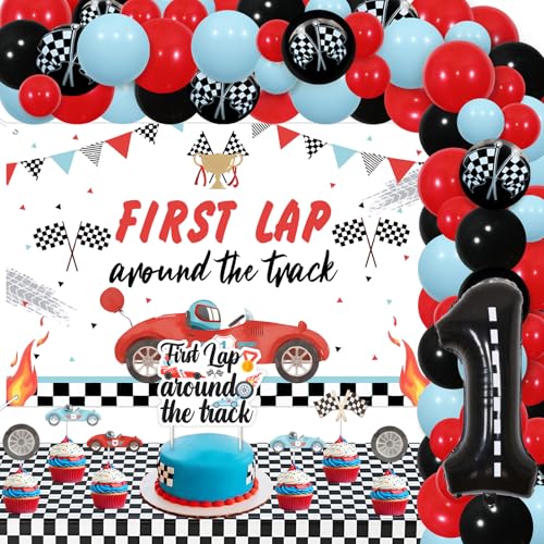 Jollyboom Geburtstagsdekoration für erste Runde auf der Strecke, Rennwagen 1. Geburtstag, Party-Dekoration, Hintergrund, Banner, Tischdecke, Kuchen, Cupcake-Topper, Nummer 1, Folie für Kinder ab einem von Jollyboom
