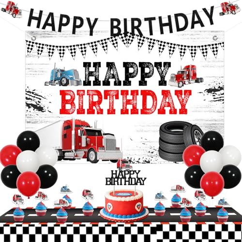 Jollyboom Halblastwagen-Geburtstagsparty-Dekorationen, schwerer LKW, Happy Birthday-Hintergrund, Banner, Kuchen, Cupcake-Topper, Tischdecke, rote schwarze Luftballons für Jungen, Traktor, Anhänger Jollyboom Halblastwagen-Geburtstagsparty-Dekorationen, schwerer LKW, Happy Birthday-Hintergrund, Banner, Kuchen, Cupcake-Topper, Tischdecke, rote schwarze Luftballons für Jungen, Traktor, Anhänger von Jollyboom