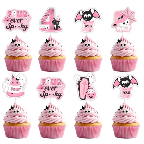 Jollyboom Halloween 4. Geburtstag Party Dekorationen Mädchen, 24 Stück Four Ever Gruselige Geburtstag Cupcake Toppers Geist Kürbis Fledermaus Katze Kuchen Dekor Rosa und Schwarz für 4 Jahre alte von Jollyboom