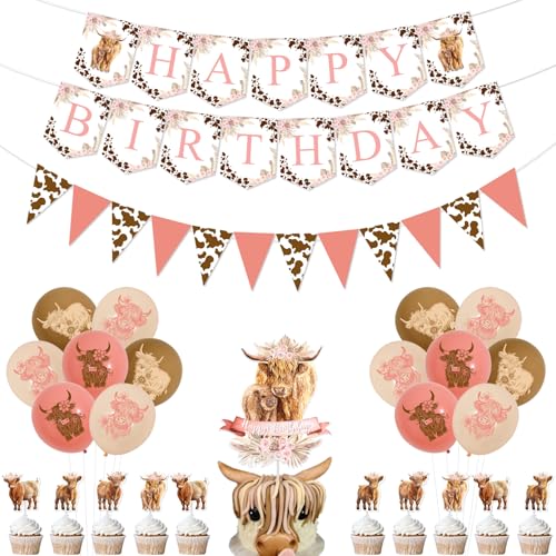 Jollyboom Highland Cow Geburtstagsdekorationen Mädchen, Kuh Happy Birthday Banner Rosa Braun Luftballons Kuchen Cupcake Toppers Kuh Druck Wimpelkette Banner für Mädchen Kuh Mottoparty von Jollyboom