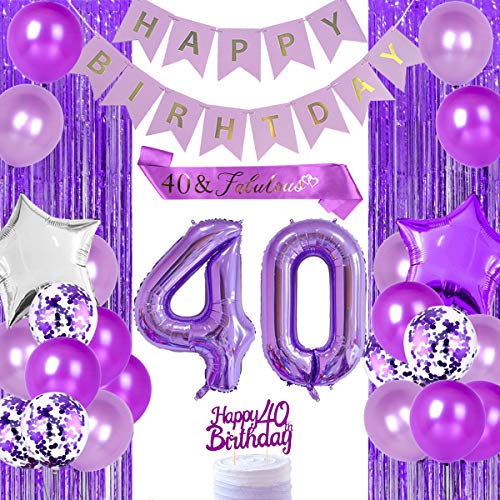 Jollyboom Lila 40. Geburtstag Dekorationen für Frauen 40 fabelhafte Partyzubehör mit lila Zahl 40 Ballon Happy 40th Birthday Cake Topper 40 fabelhafte Schärpe Geburtstagsdekorationen von Jollyboom