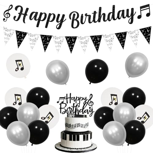 Jollyboom Musik-Themen-Geburtstagsparty-Dekorationen, Musik Happy Birthday Banner Musiknoten Geburtstag Wimpelkette Wimpel Banner Schwarz Weiß Luftballons Kuchen Topper für Kinder Erwachsene von Jollyboom