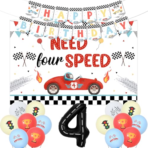 Jollyboom Need Four Speed 4th Birthday Decorations, Vintage Racing Car Birthday Decorations Happy Birthday Banner Need 4 Speed Backdrop 4 Foil Balloon for Boys Retro Pastel Race Car Birthday Party von Jollyboom