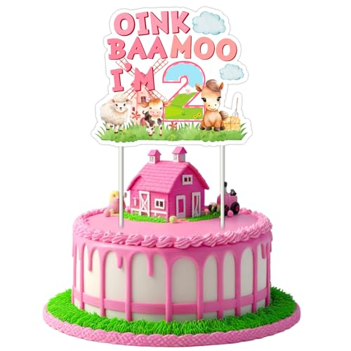 Jollyboom Oink Baa Moo I Am Two Birthday Dekoration für 2. Geburtstag, Motiv: Bauernhoftiere, rosa Bauernhof, Kuchendekoration für 2 Jahre alte Mädchen, Scheune, Barnyf, Tierparty von Jollyboom