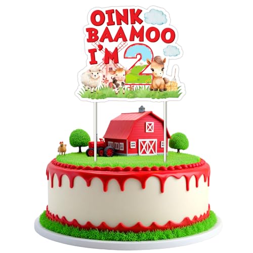 Jollyboom Oink Baa Moo I Am Two Geburtstagsdekoration, Tortenaufsatz, Bauernhof-Scheunen-Thema, Kuchendekoration für 2 Jahre alte Jungen, Mädchen, Bauernhof, Tierparty von Jollyboom
