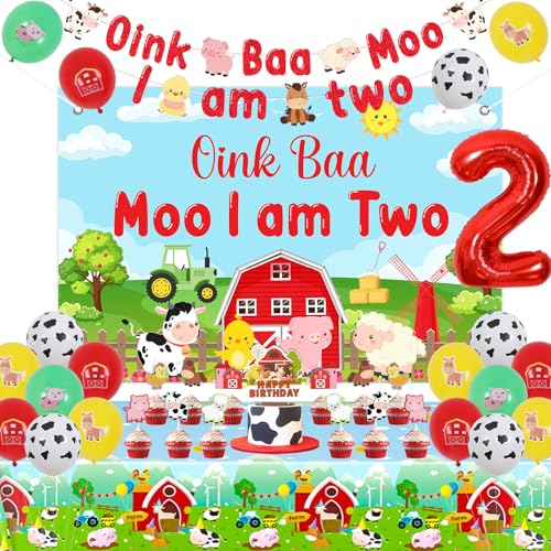 Jollyboom Oink Baa Moo Im Two Party-Dekorationen mit Bauernhoftieren zum 2. Geburtstag, Dekoration, Hintergrundbanner, Kuchen, Cupcake-Topper, Tischdecke, Zahl 2, Luftballons für 2 Jahre alte Jollyboom Oink Baa Moo Im Two Party-Dekorationen mit Bauernhoftieren zum 2. Geburtstag, Dekoration, Hintergrundbanner, Kuchen, Cupcake-Topper, Tischdecke, Zahl 2, Luftballons für 2 Jahre alte von Jollyboom
