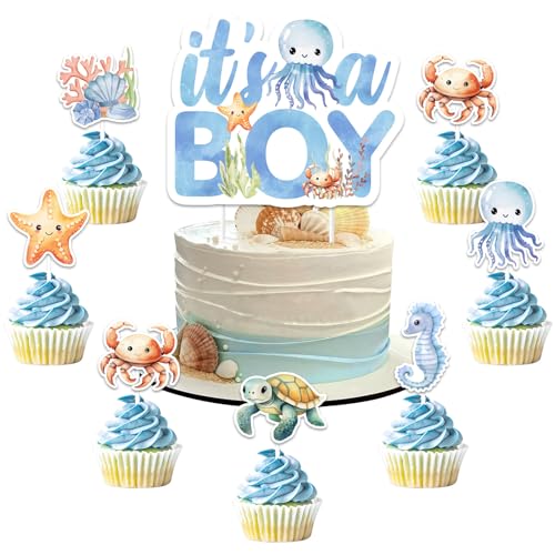 Jollyboom Oneder the Sea Party-Dekorationen für Jungen, 24 Stück, Ozean-Tier-Thema, Cupcake-Topper, Meerestier-Thema, It's A Boy, Kuchendekorationen für unter dem Meer, Babyparty, Partyzubehör von Jollyboom