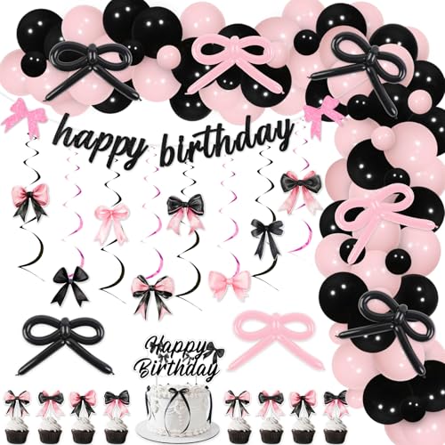Jollyboom Rosa und Schwarz Schleife Geburtstag Dekorationen, Kokette Happy Birthday Banner Kuchen Cupcake Toppers Bowknot Hängende Wirbel Schwarz und Rosa Schleife Ballonbogen für Frauen Mädchen Jollyboom Rosa und Schwarz Schleife Geburtstag Dekorationen, Kokette Happy Birthday Banner Kuchen Cupcake Toppers Bowknot Hängende Wirbel Schwarz und Rosa Schleife Ballonbogen für Frauen Mädchen von Jollyboom