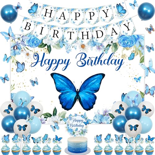 Jollyboom Schmetterling Geburtstag Dekorationen, Blau Schmetterling Happy Banner Hintergrund Luftballons Blau Schmetterling Kuchen Cupcake Topper Wandaufkleber für Mädchen Schmetterling Thema Jollyboom Schmetterling Geburtstag Dekorationen, Blau Schmetterling Happy Banner Hintergrund Luftballons Blau Schmetterling Kuchen Cupcake Topper Wandaufkleber für Mädchen Schmetterling Thema von Jollyboom