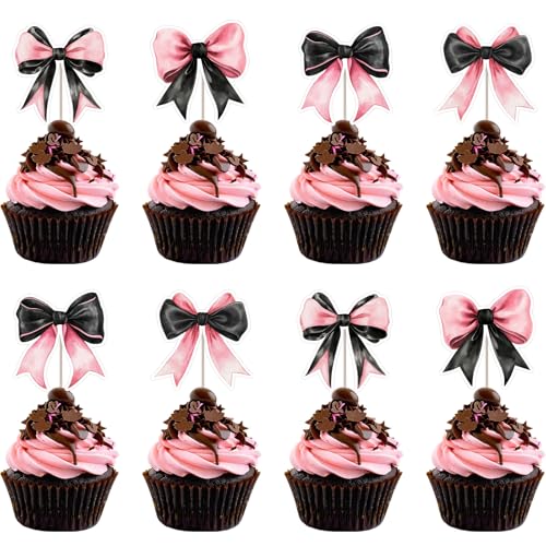Jollyboom Schwarze und rosa Schleife, Party-Dekorationen, Mädchen, 36 Stück, Schleifen-Thema, Cupcake-Topper, doppelseitiger Druck, Kuchendekorationen für Schleife, Kokette, Geburtstag, Babyparty Jollyboom Schwarze und rosa Schleife, Party-Dekorationen, Mädchen, 36 Stück, Schleifen-Thema, Cupcake-Topper, doppelseitiger Druck, Kuchendekorationen für Schleife, Kokette, Geburtstag, Babyparty von Jollyboom