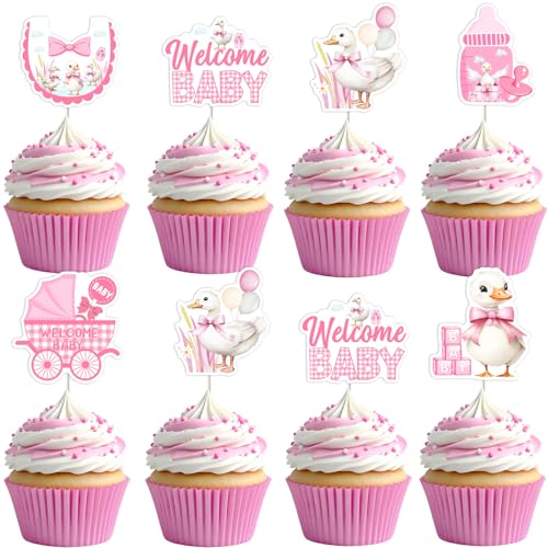 Jollyboom Silly Goose Babyparty-Dekorationen, 24 Stück, "A Silly Goose Is On The Way", Cupcake-Topper, blau, doppelseitiger Druck, für Jungen, Bauernhof, Tier, Willkommens-Party, Babyparty von Jollyboom