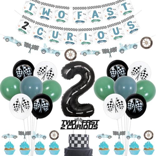 Jollyboom Two Fast Two Curious Birthday Decoration Race Car 2nd Birthday Party Decorations Blue & Green Balloon Cake Topper Number 2 Foil Balloon von Jollyboom