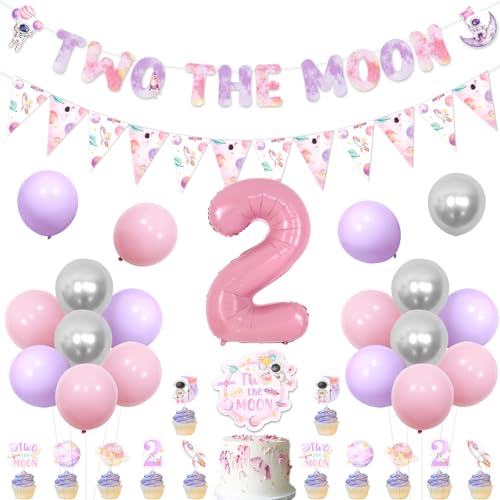 Jollyboom Two The Moon Geburtstagsdekorationen Mädchen, Weltraum 2. Party Dekorationen Wimpel Banner Kuchen Cupcake Toppers Ballon Kit für Weltraum 2 Jahre alt Geburtstag Party Supplies von Jollyboom