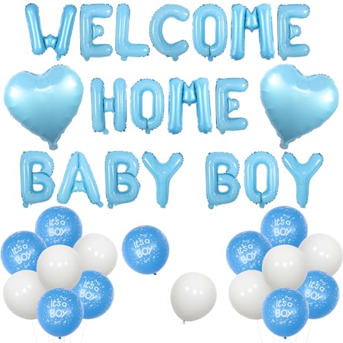 Jollyboom Welcome Home Baby Boy Dekorationen, Blau Welcome Home Baby Boy Ballon Banner It's a Boy Luftballons Baby Blau Herz Folienballons für Jungen Neugeborene Geburtstag Party Babyparty von Jollyboom