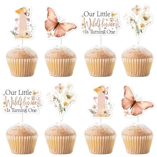 Jollyboom Wildblumen-Dekorationen für den ersten Geburtstag, 36 Stück, Boho, unsere kleine Wildblume dreht sich eins, Tischdekoration, Cupcake-Topper für Blumengeburtstag, Party-Mädchen von Jollyboom