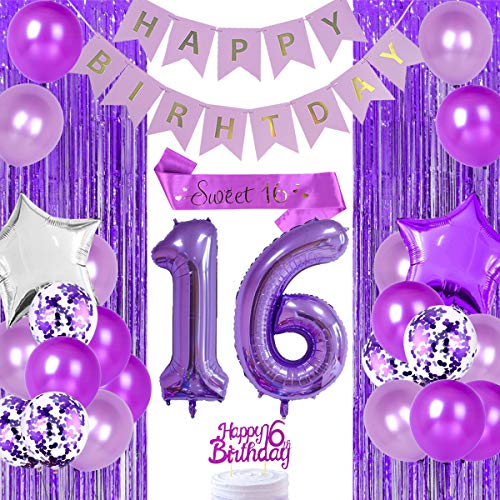 Lila 16. Geburtstag Dekorationen für Mädchen Sweet 16 Party Supplies mit Happy 16th Birthday Cake Topper Sweet 16 Schärpe Nummer 16 Folienballon Geburtstag Party Supplies von Jollyboom