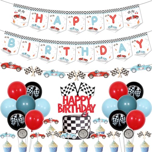 Rennwagen Geburtstag Dekoration für Junge, Retro Blau Rennwagen Happy Birthday Banner Girlande Rot Blau Schwarz Ballon Rennen Auto Kuchen Cupcake Topper für Junge Racing Thema Geburtstag von Jollyboom