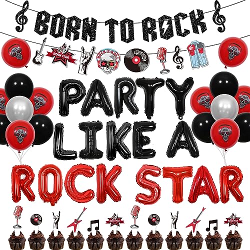 Rock and Roll Geburtstagsdekorationen, Born To Rock Musiknote Banner mit Party Like A Rock Star Folienballon Schwarz Rot Rock Cupcake Topper für Kinder Erwachsene Musik Themed Geburtstagsparty von Jollyboom