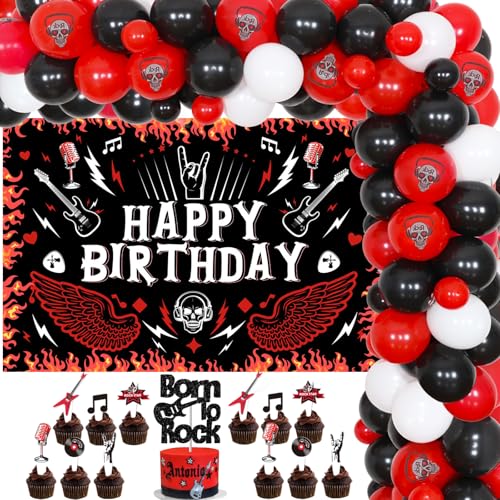 Rock and Roll Geburtstagsdekorationen, Musik Happy Birthday Hintergrund Rot Schwarz und Weiß Luftballons Bogen Born to Rock Kuchen Cupcake Topper Gitarre Musiknote Folienballon für Rock Mottoparty von Jollyboom