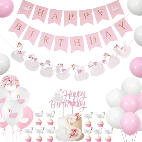 Schwan Geburtstag Dekorationen - Prinzessin Party Banner, Weiß Rosa Ballons, Kuchen Cupcake Toppers für Mädchen Baby Shower Schwan Geburtstag Dekorationen - Prinzessin Party Banner, Weiß Rosa Ballons, Kuchen Cupcake Toppers für Mädchen Baby Shower von Jollyboom