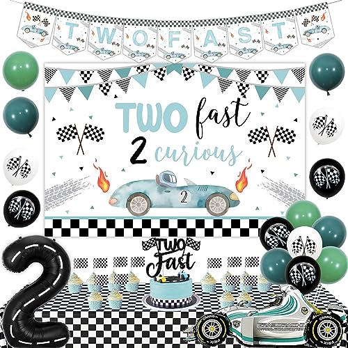 Two Fast Birthday Decorations Boy Vintage, Racing Car 2nd Birthday Balloons Two Fast Backdrop Cake Cupcake Topper Checkered Tablecloths Racing Car Number 1 Foil Balloon for 2 Year Old Birthday von Jollyboom