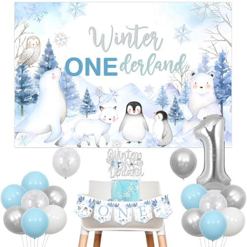 Winter Onederland 1. Geburtstag Dekorationen - Arktische Polartiere Hintergrund, Blau Silber Ballon, Kuchen Topper, Hochstuhl Banner Folienballon für Jungen Mädchen von Jollyboom
