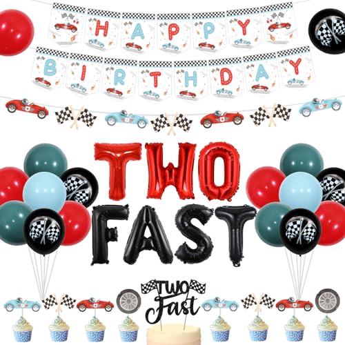 Jollyboom Two Fast Boys Vintage Race Car 2nd Birthday Party Decoration Pack - Happy Birthday Banner Girlande Cake Topper Cupcake Toppers Blau Rot Luftballons Zahl 2 Folienballon von Jollyboom