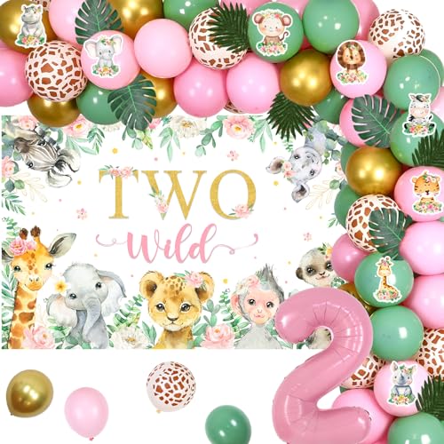 Zwei wilde Geburtstagsdekorationen Mädchen, rosa Safari 2. Party Dekorationen Zwei wilde Kulisse und rosa salbeigrün Ballonbogen Waldtier rosa Zahl 2 Luftballons für Dschungel-Thema Zwei Jahre alt von Jollyboom