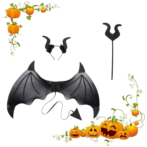 3 Stück Engelsflügel Federflügel Schwarz,Halloween Teufelsflügel,Königin Hörner Kostüm Kind,Dunkler Engel Kostüm,für Fasching Rollenspiel Maskerade Karneval Mottoparty Halloween Cosplay Party von Jolyeictor