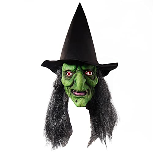 Jomewory Grünes Gesicht der alten Hexe, Latex-Gesichtsbedeckung mit Haaren und Hut-Set, Ganzkörper-Requisite für Halloween-Party, Kostümdekorationen von Jomewory