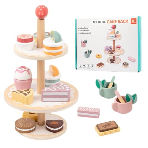 Jomewory Holzkuchenspielzeug für Kleinkinder, Geburtstagskuchenspielzeug aus Holz | Dreischichtiges Dessertkuchen-Spielnahrungsset | Holzzubehör-Sets, Spielzeug für kleine Mädchen, 19-teiliges von Jomewory