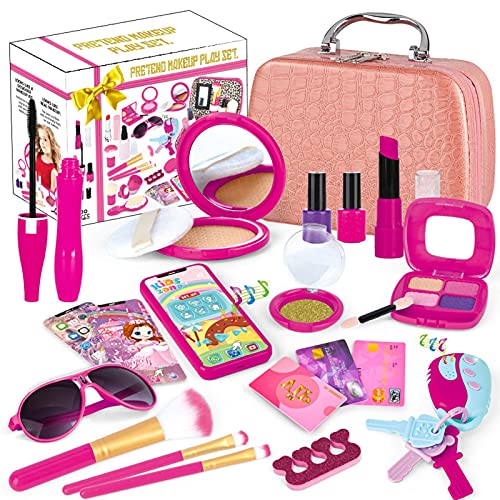 Jomewory Kids Pretend Play Makeup Set, Fake Makeup Kits with Cosmetic Bag for Little Girls, Gifts with Pink Princess Purse, Smartphone, Sunglasses, Credit Card, Lipstick, Brush, Lights Up, Make Real von Jomewory