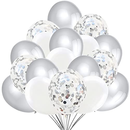 50 Luftballons Silber Weiß mit Silber Konfetti Ballons für Party Feier Dekoration für Neujahr, Geburtstag und Geburtstagsdeko von Jonami