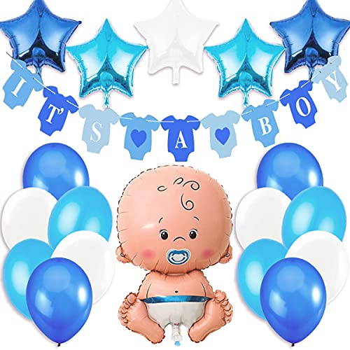 Babyparty Junge, Baby Shower Junge, Babyparty Deko - It's a Boy Blau Girlande + 1 XXL Neugeborene Folienballon + 5 Sterne Folienballons + 12 Ballons. Dekorations Babydusche Party von Jonami