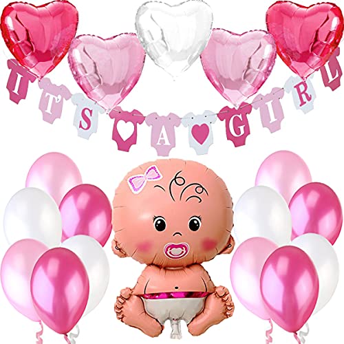 Jonami Babyparty Mädchen, Baby Shower Mädchen, Babyparty Deko - It's a Girl Rosa Girlande + 1 XXL Neugeborene Folienballon + 5 Herz Folienballons + 12 Ballons. Dekorations Babydusche Party von Jonami