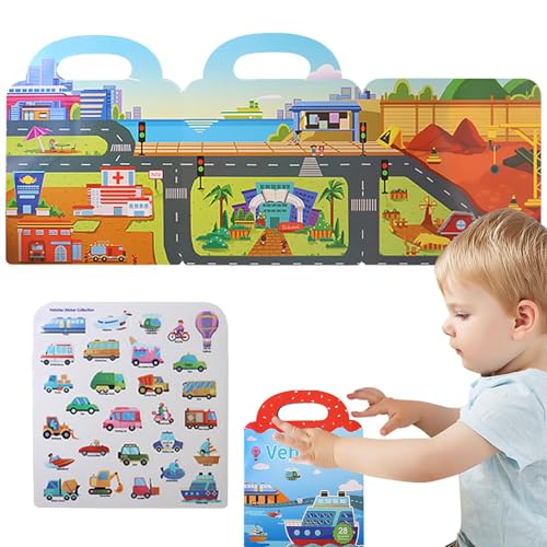 Fahrzeuge Aufkleberbuch, Wiederverwendbare Aufkleberbücher Spielzeug - Wasserdichtes, restwertiges -Puzzle tragbar | Lernwerkzeug für frühe Bildung für Alter 3+, faltbar mit dem Griff für Mädchen von Jongyumo