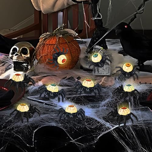 Jonuin 12 Stück Halloween Spinne Kerzenlicht, Halloween Deko Spinne Augäpfel Kerzenlicht, LED Teelichter Flammenlos Batterie, für Halloween Party Innen Außen Home Dekor (Rot, Orange, Blau) von Jonuin