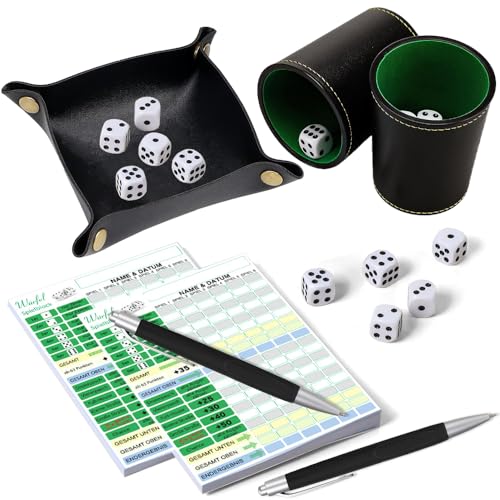 Jonuin Set für Würfelspiele mit 2 Würfelbecher, 12 Würfel, 2 Kniffelblock, 2 Kugelschreiber und 1 PU-Lederbox, Würfelspiel Gewinnkarten, Würfelbecher Set für Familien & Partys von Jonuin
