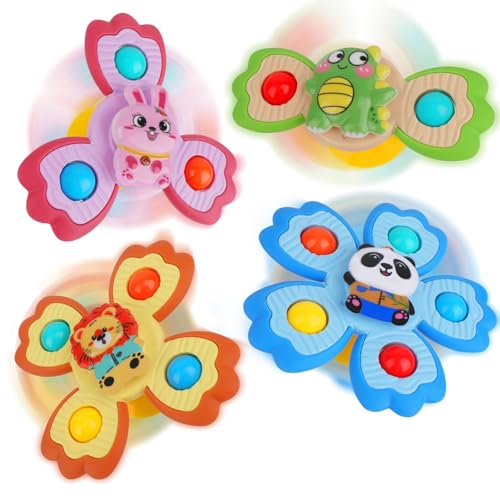 Joollurm 4Pcs Saugnapf Spinner Spielzeug, Spinner für Babys mit Silikon, Badespielzeug für Baby Flugzeug Auto Reisetisch & Fenster 3+ Jahr altes Baby Reiseutensilien Geburtstagsgeschenke von Joollurm