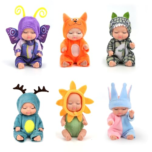 Joollurm 6 Stück Mini Reborn Puppen mit süßen Tierkleidern, 4,3 Zoll winzige waschbare schlafende Silikon Baby Puppe, Geschenk für Mädchen Jungen Kleinkinder Kinder 3+ (Waldserie) von Joollurm