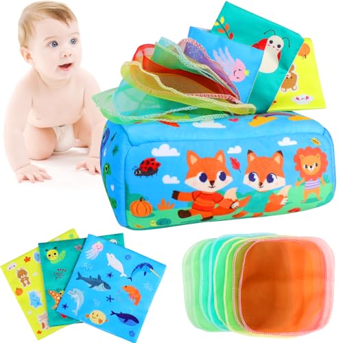 Joollurm Baby Taschentuch Box Spielzeug, Montessori Spielzeug für Babys 6-12 Monate, weiche sensorische Spielzeuge mit zerknitterten Seidenpapieren und bunten Schals für Säuglinge, Magic Tissue Box Ea Joollurm Baby Taschentuch Box Spielzeug, Montessori Spielzeug für Babys 6-12 Monate, weiche sensorische Spielzeuge mit zerknitterten Seidenpapieren und bunten Schals für Säuglinge, Magic Tissue Box Ea von Joollurm