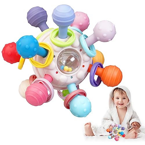 Joozmui Beißring ab 3 6 9 Monate, Greifball Babyspielzeug ab 0-6 Monate Motorikspielzeug Sensorik Montessori Spielzeug, Rassel, Geschenk für Babys 0-12 Monate von Joozmui