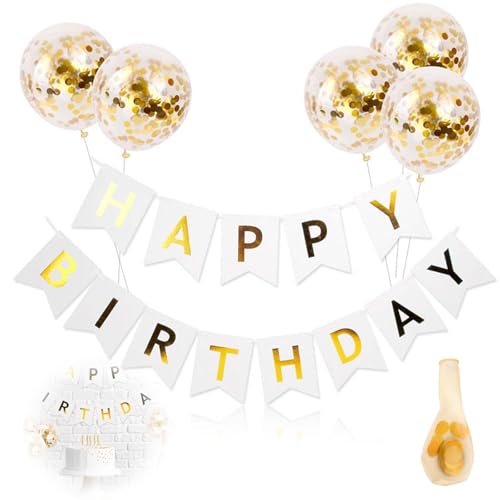 Luftballons Geburtstag Dekoration Set, 1 Stück Weiß Banner Happy Birthday Girlande mit 5 Goldenen Latexballons, Banner Decor Set für Erwachsene und Kinder Geburtstag Party Dekoration Luftballons Geburtstag Dekoration Set, 1 Stück Weiß Banner Happy Birthday Girlande mit 5 Goldenen Latexballons, Banner Decor Set für Erwachsene und Kinder Geburtstag Party Dekoration von Jormftte