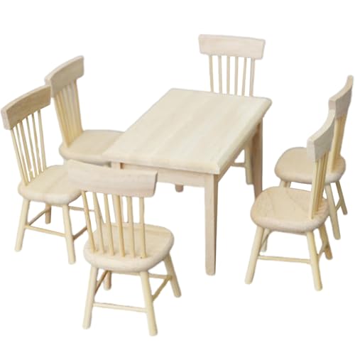 Dollhouse Tisch und Puppenhausstuhl Set 1:12 Skala Holzmöbel DIY-freundlich realistische Miniaturen für Küche, Esszimmer Dollhouse Tisch und Puppenhausstuhl Set 1:12 Skala Holzmöbel DIY-freundlich realistische Miniaturen für Küche, Esszimmer von Jorzer