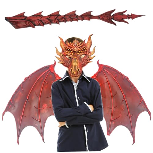 Dragon Kostüm, böse Dragon Mask Wing Heck Set PU Foam Faltbare Halloween-Kostüme Einer Größe Halloween Cosplay Set für Jungen Mädchen 6-14 Jahre, rot von Jorzer
