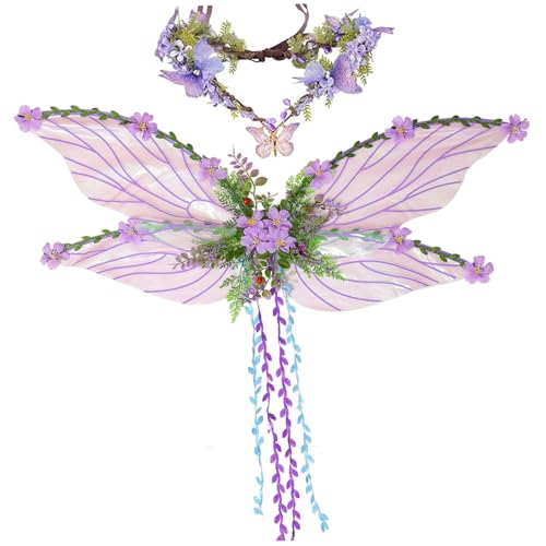 Feenkostüm für Frauen Blumen Schmetterling Fairy Kostüm mit Kronen- und Elf -Ohren für Erwachsene Renaissance Cosplay Accessoires, lila von Jorzer