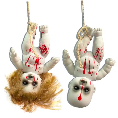 Gruselige Halloween-Puppe, 2 Stück, gruselige, blutige Spukpuppen mit Seil, hängende Zombie-Puppe für Jungen und Mädchen, Horrorpuppen für Halloween-Partys und Spukhaus-Requisiten von Jorzer