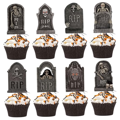 Halloween Cupcake Toppers 48pcs Grabsteinkuchen Topper 6 Stile Spooky Mini Grabsteine Halloween Cupcake Picks DIY -Kuchendekorationen von Jorzer