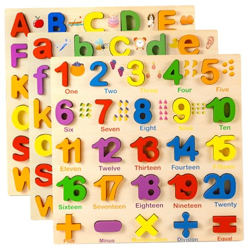 Holzpuzzles, 3-teiliges Alphabet- und Zahlenpuzzle, pädagogisches Vorschul-Lernspielzeug für Jungen und Mädchen im Alter von 1, 2, 3, 4 5 Jahren von Jorzer