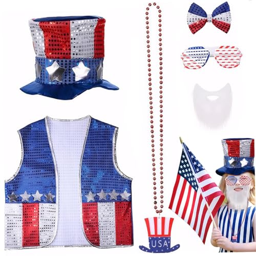 Jorzer 4. Juli Outfits 6PCS/Set Patriotic Independence Day Thema American Flag Outfit 4. Juli Accessoires mit Hut, Weste, Sonnenbrille, Halsketten, Bogen, Bart Jorzer 4. Juli Outfits 6PCS/Set Patriotic Independence Day Thema American Flag Outfit 4. Juli Accessoires mit Hut, Weste, Sonnenbrille, Halsketten, Bogen, Bart von Jorzer